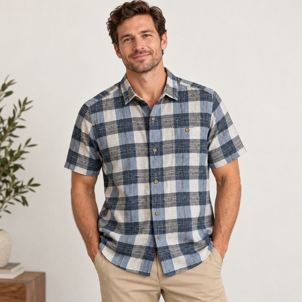 Tommy Bahama island modern fit blue plaid silk cotton button up shirt Small